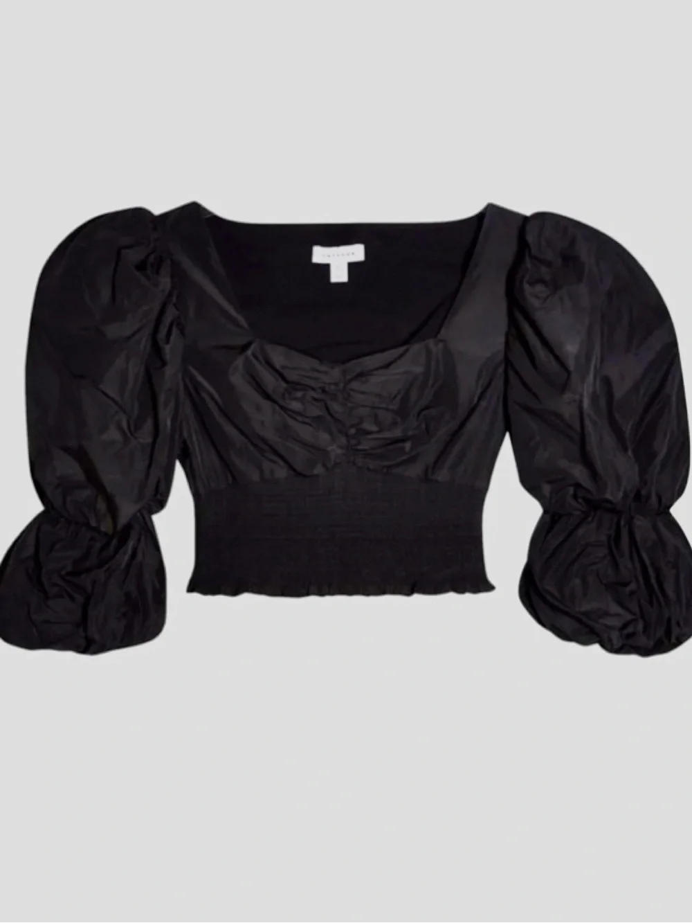 TOPSHOP Taffeta Puff Sleeve Blouse Smocked Black Crop Top - Picture 1 of 13